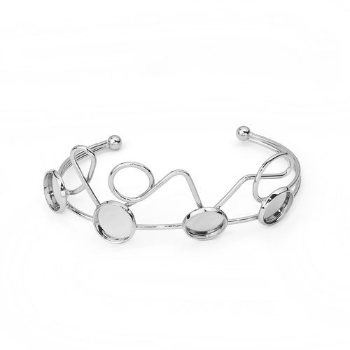 Picture of Iron Based Alloy Open Cuff Bangles Bracelets " Love " Silver Plated Round Cabochon Settings (Fits 12mm Dia.) 18.5cm(7 2/8") long, 1 Piece