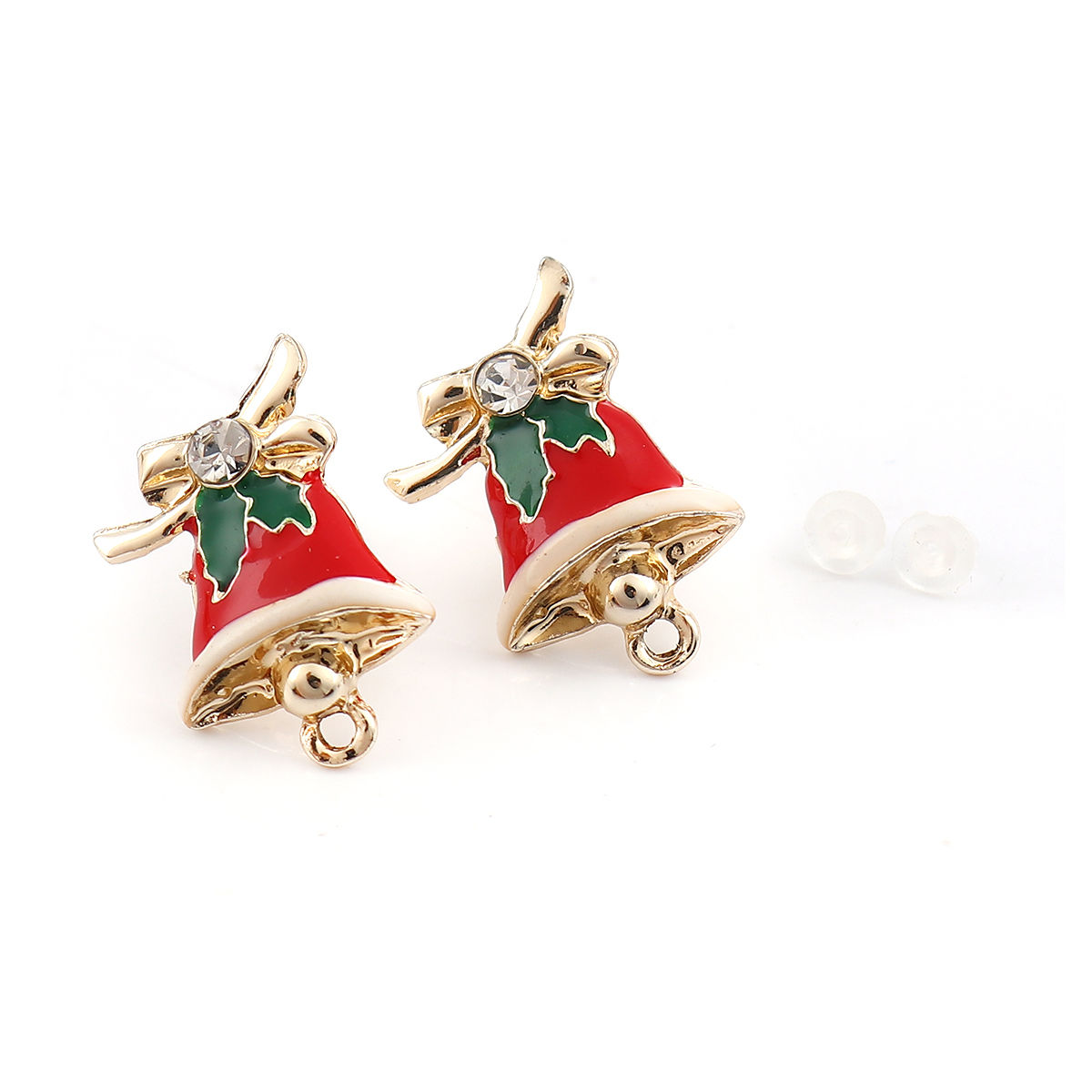 Picture of Zinc Based Alloy Ear Post Stud Earrings Findings Christmas Jingle Bell Gold Plated Red & Green Enamel W/ Loop 21mm x 13mm, Post/ Wire Size: (21 gauge), 10 PCs
