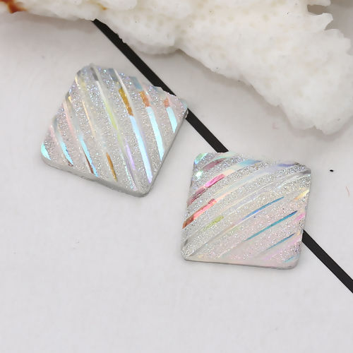 Picture of Resin AB Rainbow Color Aurora Borealis Dome Seals Cabochon Square White Stripe Pattern Glitter 12mm( 4/8") x 12mm( 4/8"), 100 PCs