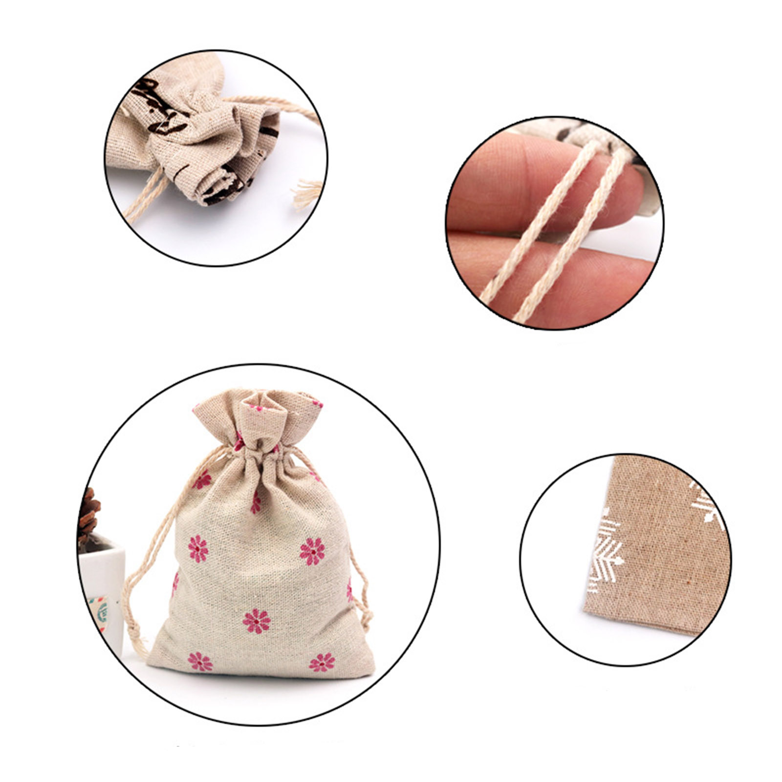 Picture of Cotton Cloth Drawstring Bags Rectangle Light Khaki Leaf (Usable Space: Approx 11x10cm) 14cm(5 4/8") x 10cm(3 7/8"), 5 PCs