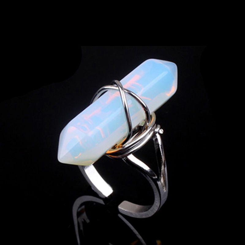 Imagen de Cobre & Ópalo ( Sintético ) Abierto Ajustable Anillos Argentado Blanco Columna Hexagonal 1 Unidad