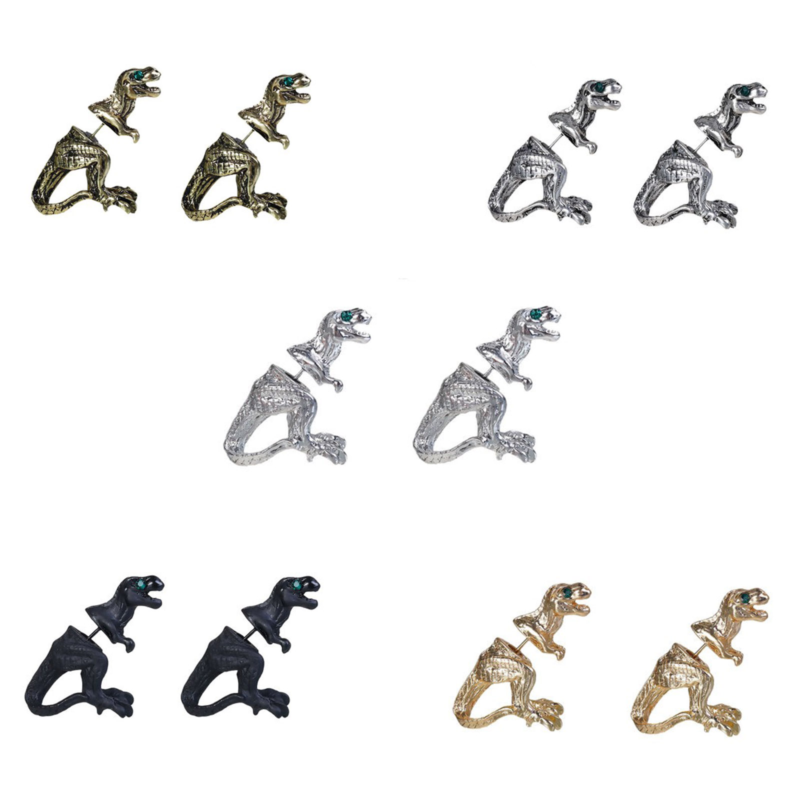 Picture of 3D Double Sided Ear Post Stud Earrings Antique Bronze Dinosaur Animal Green Rhinestone 28mm(1 1/8") x 22mm( 7/8"), Post/ Wire Size: (21 gauge), 2 PCs