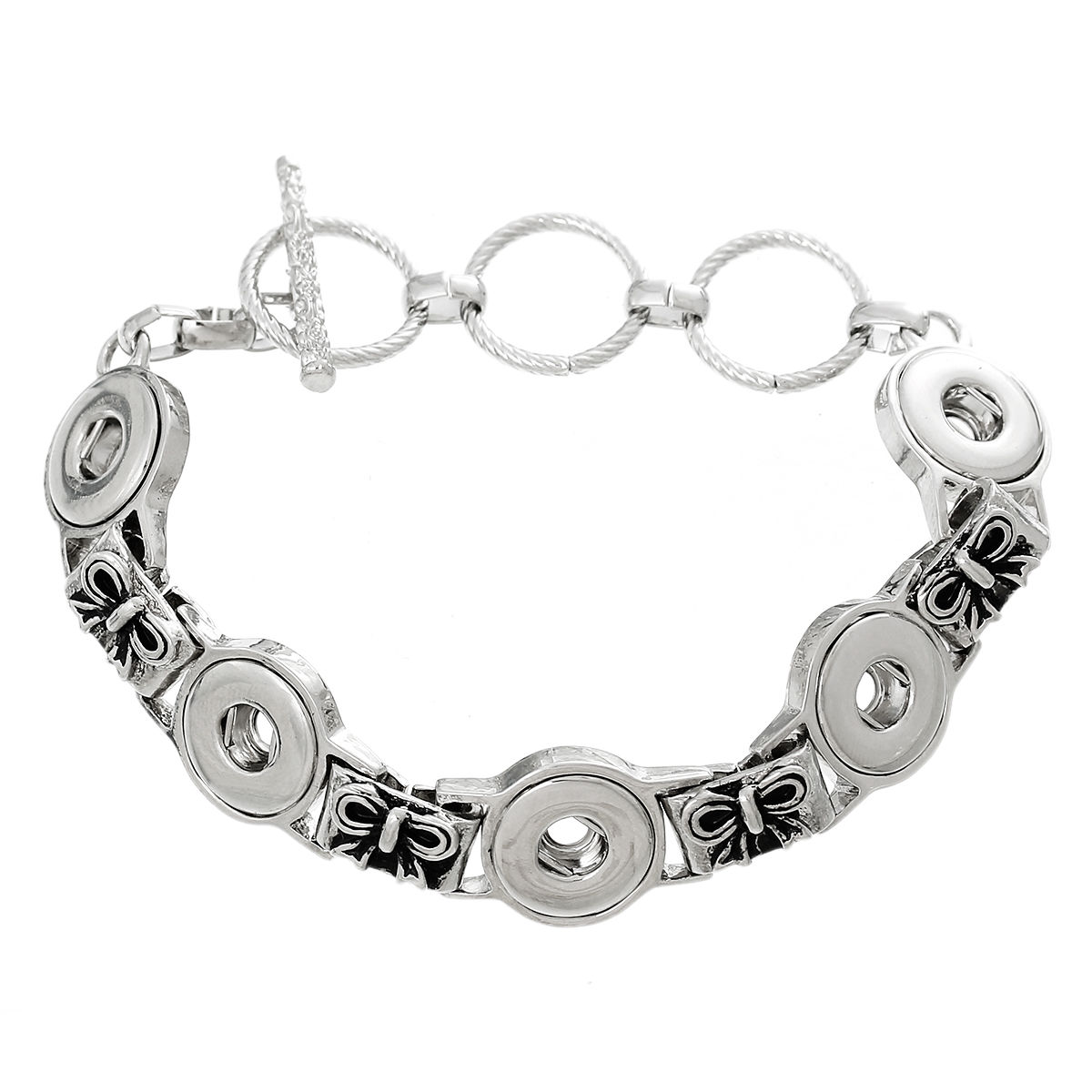 Picture of Snap Button Bracelets Toggle Clasp Silver Tone Bowknot Carved Enamel Black Fit 12mm Snap Buttons 22cm(8 5/8") long, Hole Size: 5mm, 1 Piece