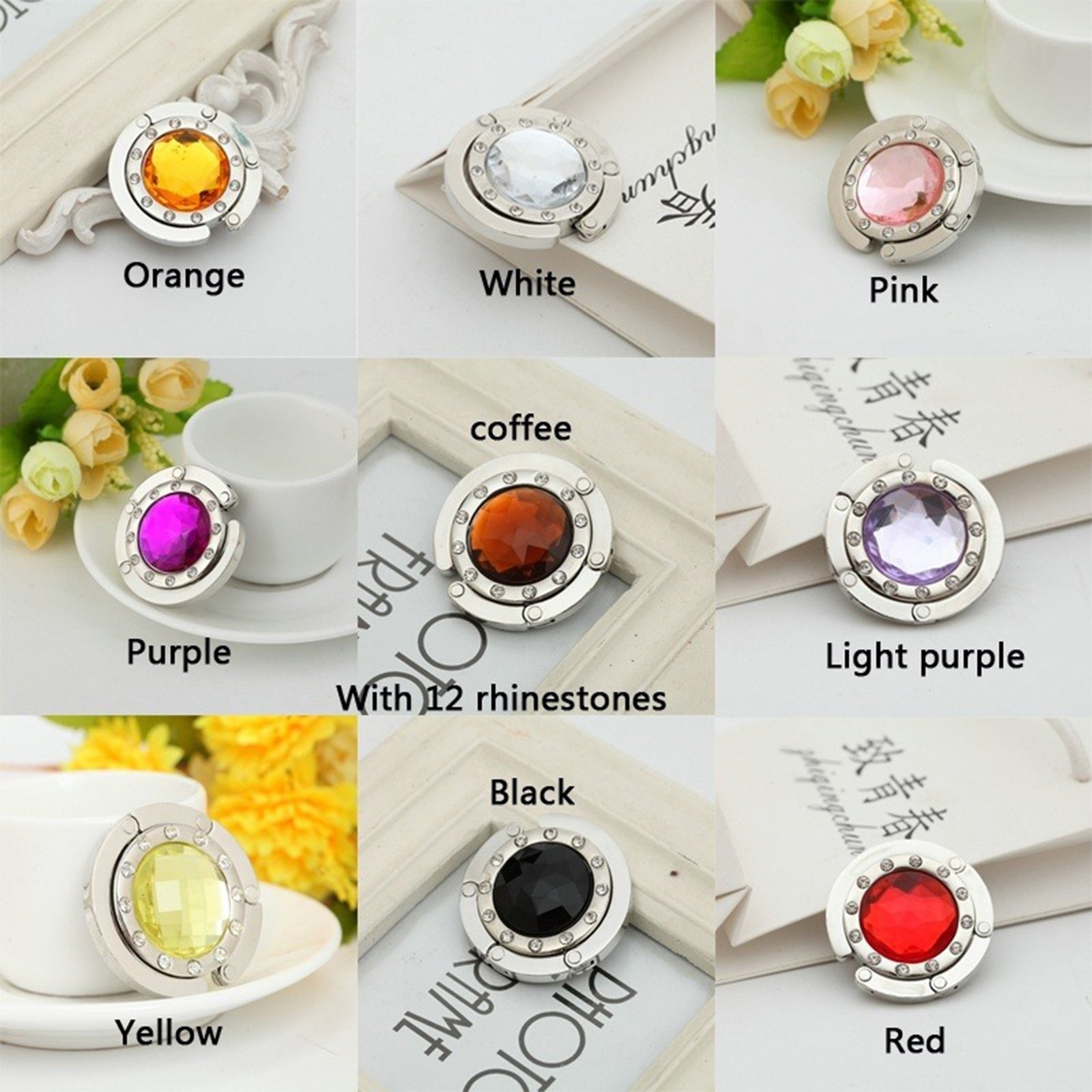Picture of Zinc Based Alloy Portable Foldable Women's Handbag Purse Hanger Holder Table Hook Silver Tone Multicolor 4.4cm x 4.4cm