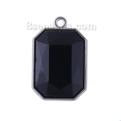 Picture of Zinc Based Alloy & Glass Charms Octagon Silver Tone Black Rhinestone Faceted 23mm( 7/8") x 15mm( 5/8"), 10 PCs