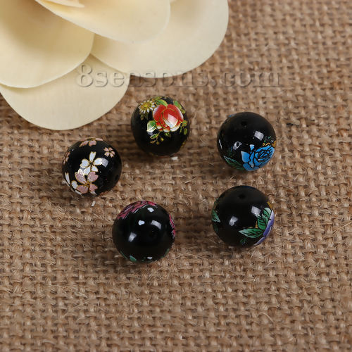 Picture of Glass Japan Painting Vintage Japanese Tensha Beads Round Flower Pattern Imitation Pearl About  