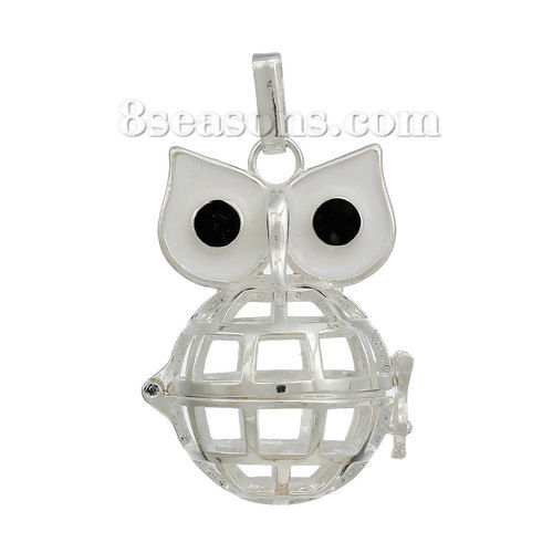 Picture of Copper Mexican Angel Caller Bola Harmony Ball Wish Box Pendants Silver Plated Owl Eye White Enamel Black Rhinestone Can Open (Fit Bead Size: 20mm) 47mm(1 7/8") x 28mm(1 1/8"), 1 Piece