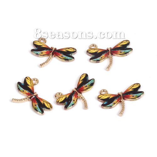 Imagen de Zamak Colgantes Charms Libélula Amarillo Azul Esmalte 22mm x 17mm, 10 Unidades