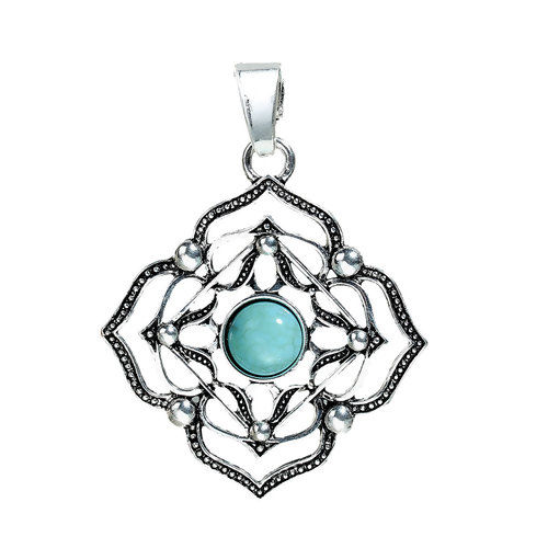 Picture of Zinc Based Alloy Yoga Healing Pendants Flower Turquoise Muladhara /Mooladhara Hollow 