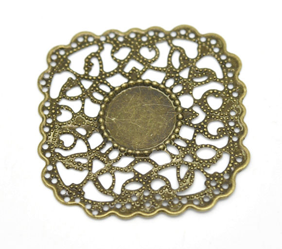 Bild von Filigran Verbinder Verzierung Quadrat Antik Bronze für 14.5mm Cabochon Blumen Hohl 4.5cm x 4.3cm, 30 Stück