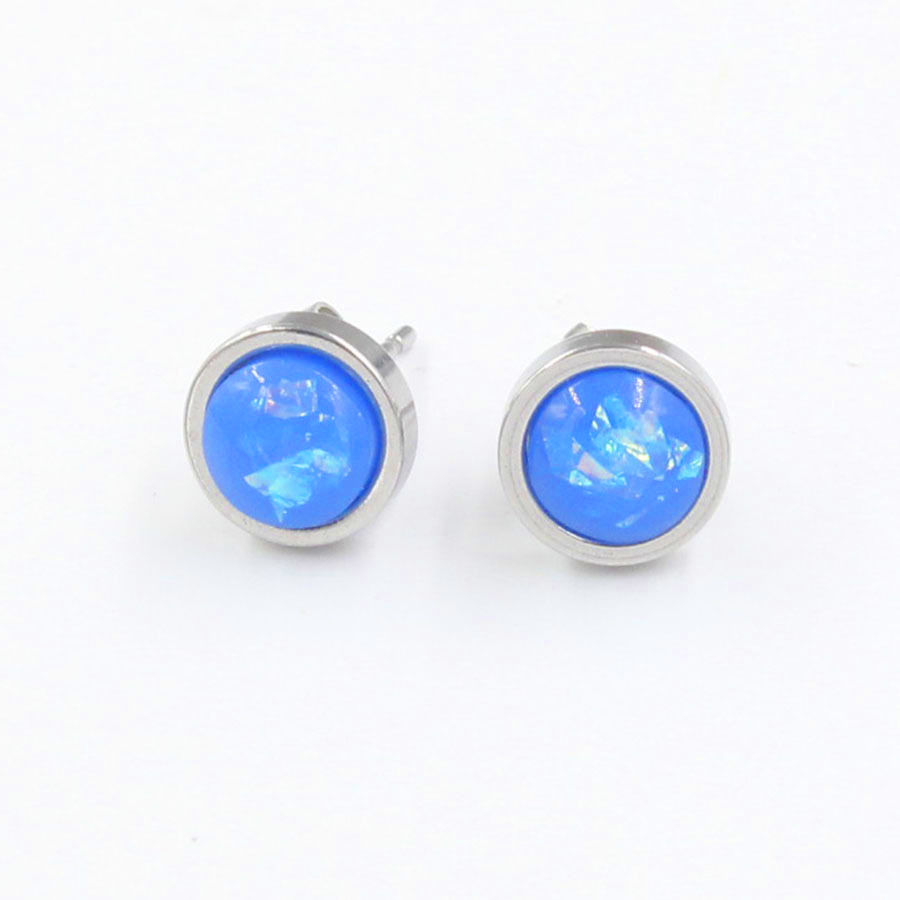 Imagen de 304 Acero Inoxidable & Ópalo ( Sintético ) piedra del zodíaco Pendientes Tono de Plata Azul Marino Ronda Octubre 8mm Dia, Post/ Wire Size: (20 gauge), 1 Par