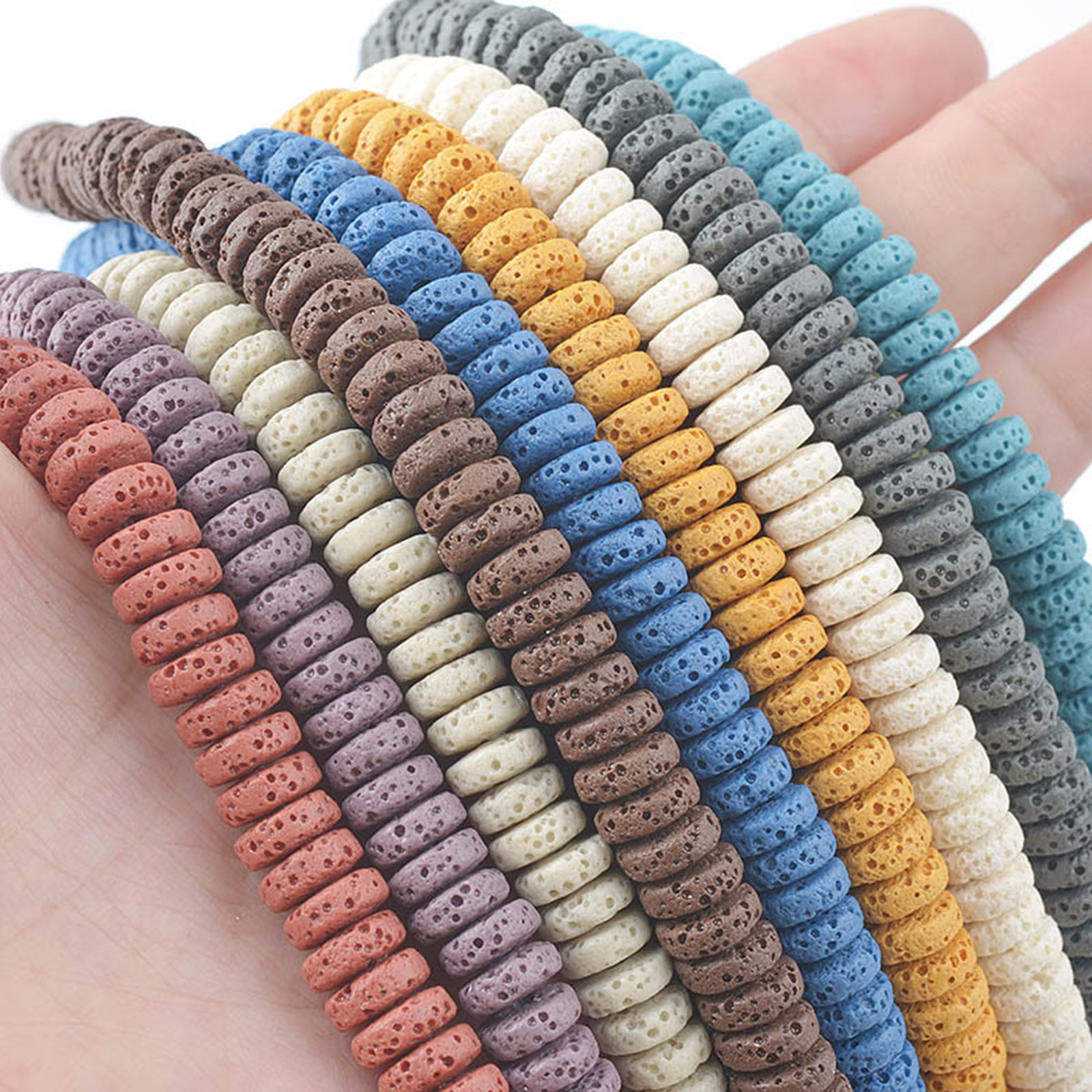 Imagen de (Grado A) Roca de lava ( Natural ) Cuentas Rondelle Azul Claro Aprox 10mm Dia., Agujero: Aprox 2mm, 20cm Longitud, 1 Sarta (Aprox 48 Unidades/Sarta)
