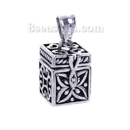 Picture of Stainless Steel Cremation Ash Urn Pendants Rectangle Antique Silver Color Carved Can Open 30mm(1 1/8") x 15mm( 5/8"), 1 Piece