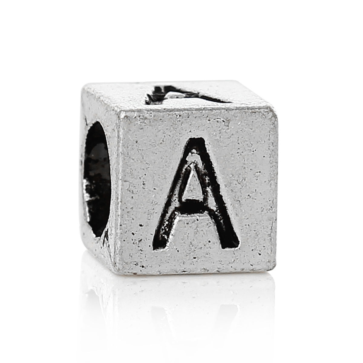 Picture of Zinc Metal Alloy European Style Large Hole Charm Beads Cube Antique Silver Color Alphabet/Letter "A" Carved About 7mm x 7mm, Hole: Approx 4.7mm, 20 PCs