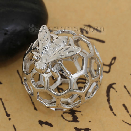 Picture of Brass 3D Charms Honeycomb Silver Tone Bee Hollow 29mm(1 1/8") x 24mm(1"), 1 Piece