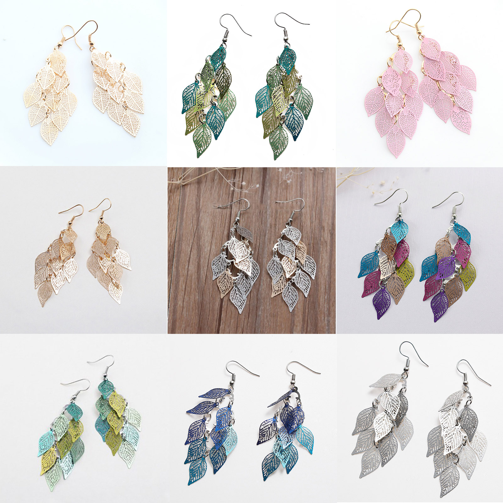 Image de Boucles d'Oreilles Crochets Estampe en Filigrane en Laiton Feuille Creux Doré & Argent Mat 80mm, Epaisseur de Fil: (21 gauge), 1 Paire