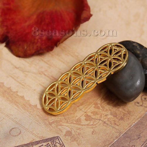 Picture of Brass Flower Of Life Connectors Findings Curve Rectangle Gold Plated Hollow Carved 3.5cm(1 3/8") x 1.2cm( 4/8"), 2 PCs