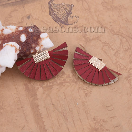 Picture of PU Leather Tassel Pendants Fan-shaped Gold Plated Wine Red About 35mm(1 3/8") x 20mm( 6/8"), 10 PCs