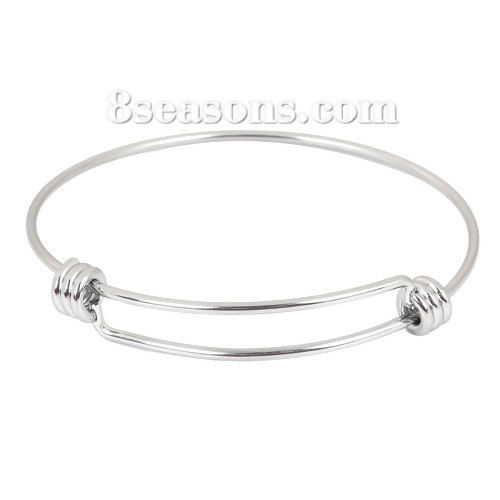 Picture of Stainless Steel Expandable Bangles Bracelets Double Bar Round Silver Tone 26cm(10 2/8") long, 2 PCs