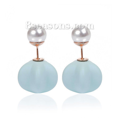 Picture of Acrylic Double Sided Ear Post Stud Earrings Pentagram Star Ball White & Light Blue Pearl Imitation Rubberized 8mm( 3/8") Dia. 16mm x15mm( 5/8" x 5/8"), Post/ Wire Size: (21 gauge), 1 Pair