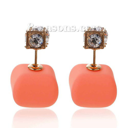 Picture of Double Sided Ear Post Stud Earrings Square Clear Rhinestone Acrylic Rubber Imitation 