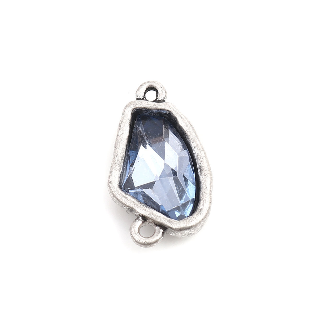 Picture of Zinc Based Alloy Connectors Irregular Antique Silver Color Faceted Blue Rhinestone 28mm x 16mm, 5 PCs