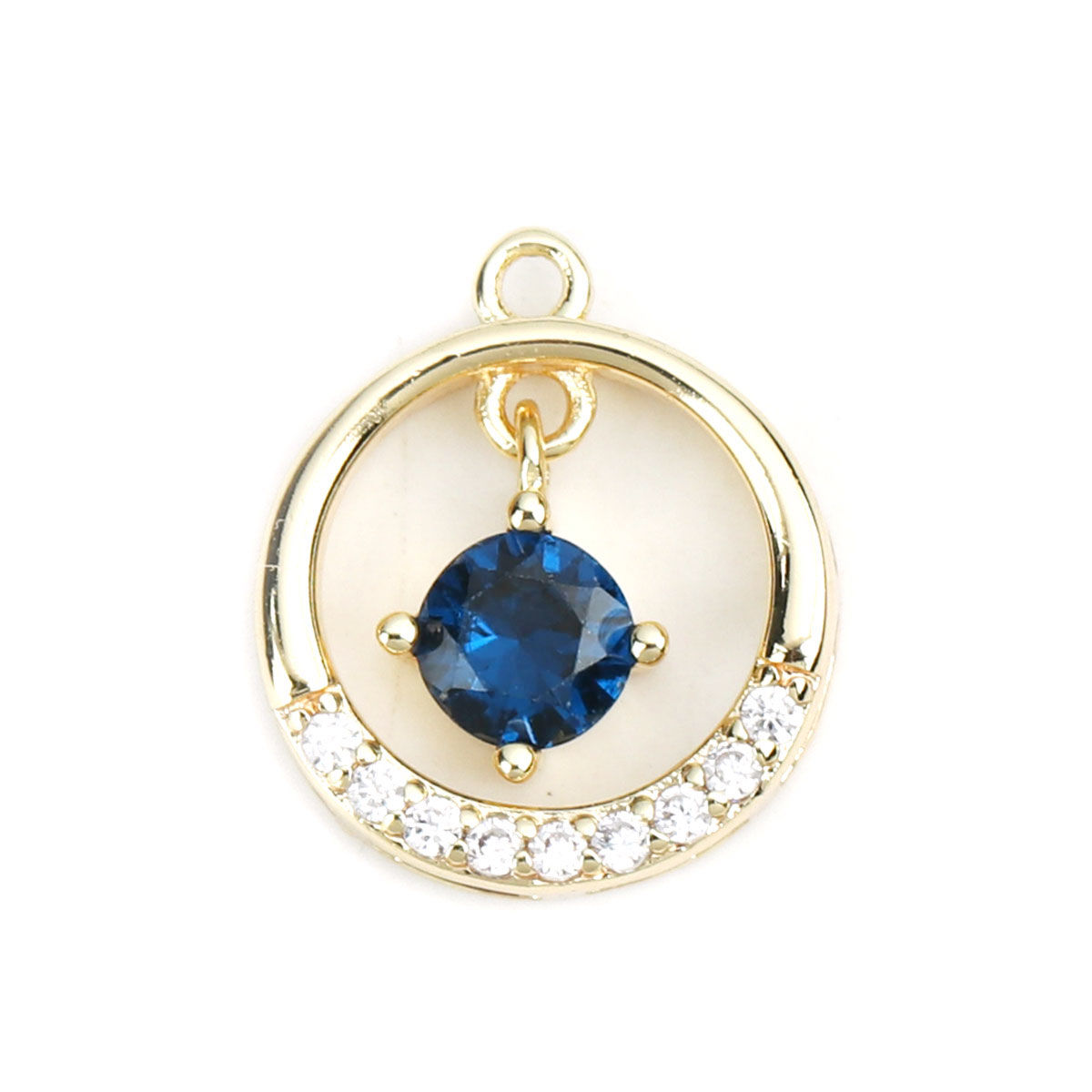 Picture of Brass Charms Gold Plated Round Hollow Dark Blue Rhinestone 12mm x 11mm, 2 PCs
