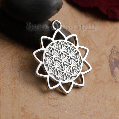 Picture of Zinc Based Alloy Flower Of Life Charms Pendants Hollow Carved 