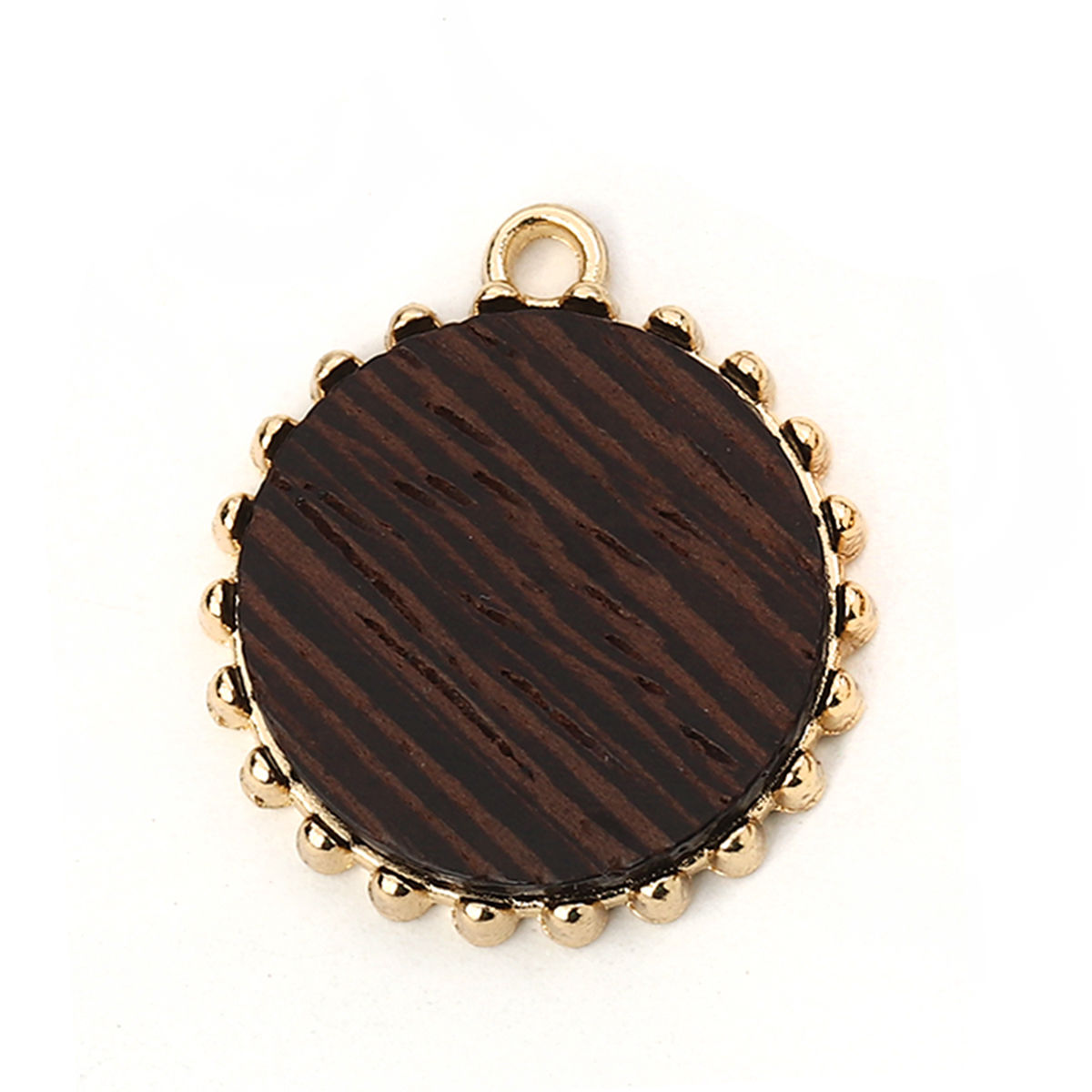 Picture of Zinc Based Alloy & Natural Wood Charms Round Disc Gold Plated Coffee 23mm( 7/8") x 21mm( 7/8"), 5 PCs