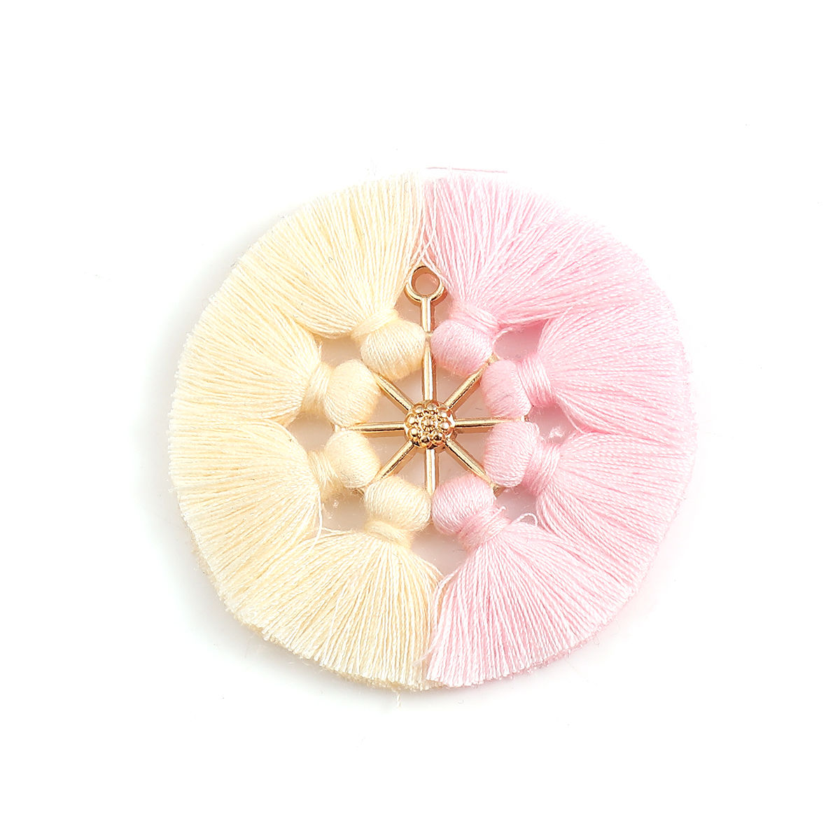 Picture of Polyester Tassel Pendants Round Disc Gold Plated Light Pink 5.3cm(2 1/8"), 2 PCs