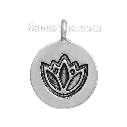 Picture of Zinc Based Alloy Charms Round Disc Lotus Flower Silver Tone 19mm( 6/8") x 15mm( 5/8"), 5 PCs