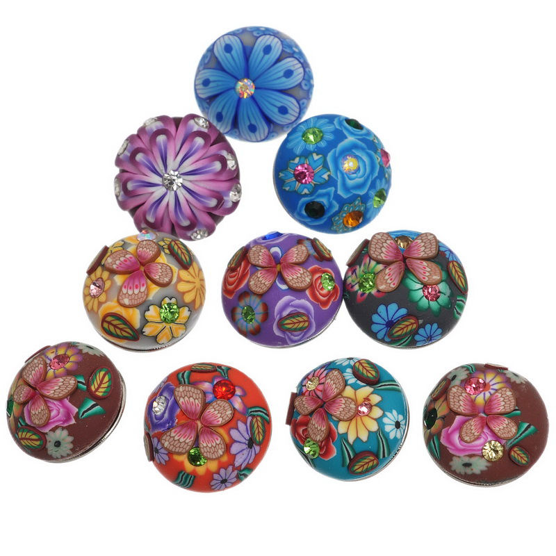 Picture of 19mm Clay Snap Buttons Round Silver Tone At Random Flower Pattern Fit Snap Button Bracelets, Knob Size: 5.5mm( 2/8"), 12 PCs