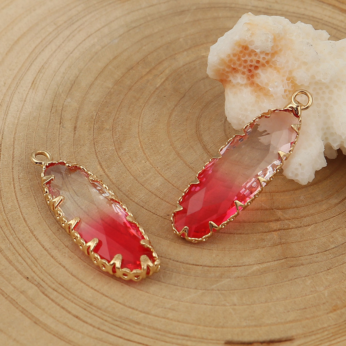 Изображение Медь+Стекло Подвески овальный Позолоченный Розовый Шлифованный 32мм x 10мм, 2 ШТ