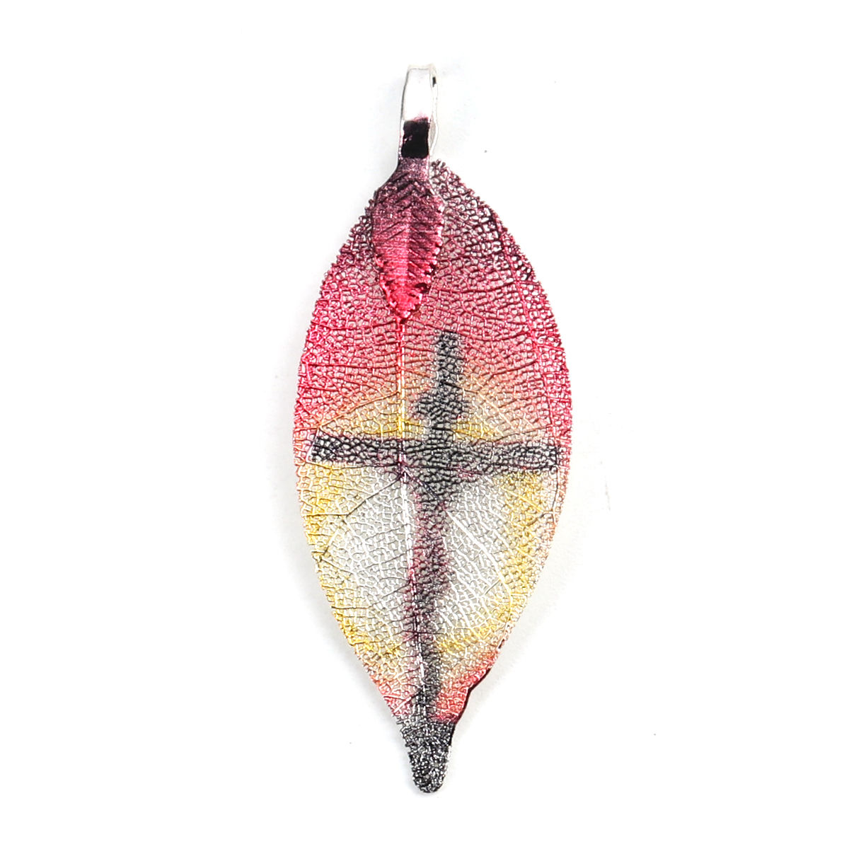 Picture of Brass Religious Pendants Multicolor Leaf Cross 5.2cm x 1.9cm, 2 PCs