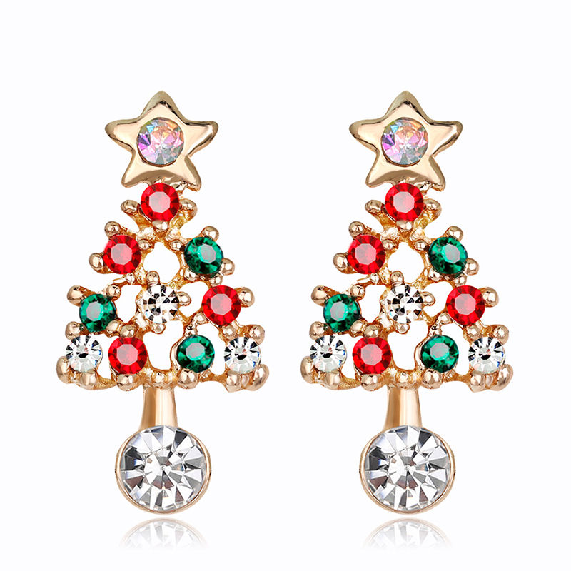 Bild von Ohrring Ohrstecker KC Vergoldet Weihnachten Weihnachtsbaum Bunt Strass 24mm x 12mm, 1 Paar