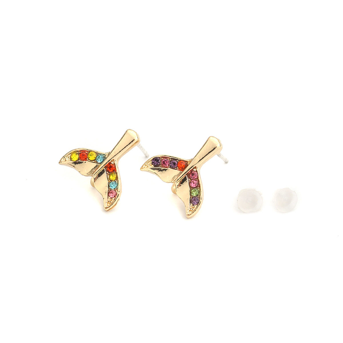 Picture of Zinc Based Alloy Ear Post Stud Earrings Findings Fishtail Gold Plated W/ Loop Multicolor Rhinestone 13mm x 12mm, Post/ Wire Size: (21 gauge), 4 PCs