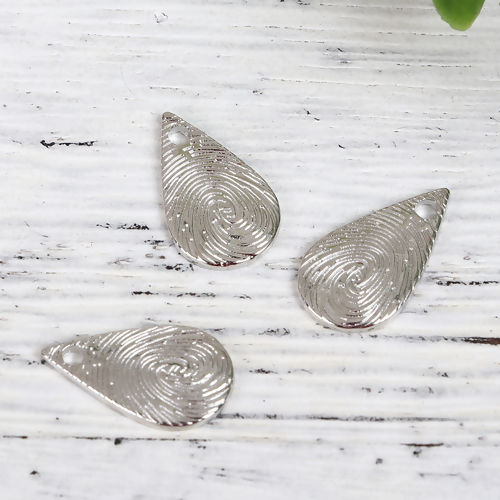 Изображение Украшение Дактилограммы Цинковый Сплав Подвески Водяная Капля Серебряный Тон 14мм x 9мм, 50 ШТ