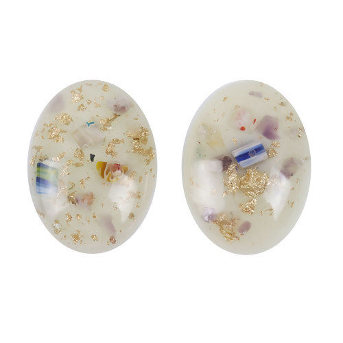 Picture of Resin & Crushed Gravel Stone Dome Seals Cabochon Oval Beige Foil 33mm(1 2/8") x 24mm(1"), 10 PCs