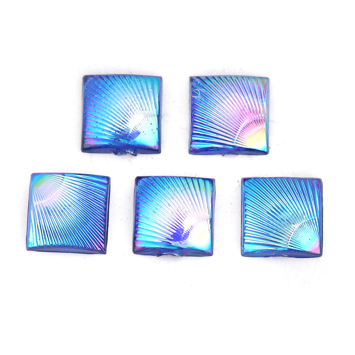 Picture of Acrylic Dome Seals Cabochon Square Blue Feather Pattern AB Color 10mm( 3/8") x 10mm( 3/8"), 200 PCs