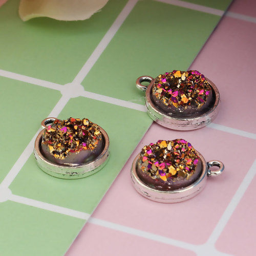 Imagen de Aleación de Zinc del metal + Resina Druzy/ Drusy Colgantes Charms Ronda Plata Antigua Fucsia AB Color 18mm x 15mm, 20 Unidades