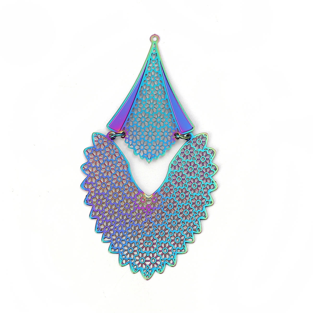 Imagen de Latón Pintura de esmalte Colgantes Multicolor Pluma Flor Filigrana Estampación 65mm x 35mm, 2 Pares