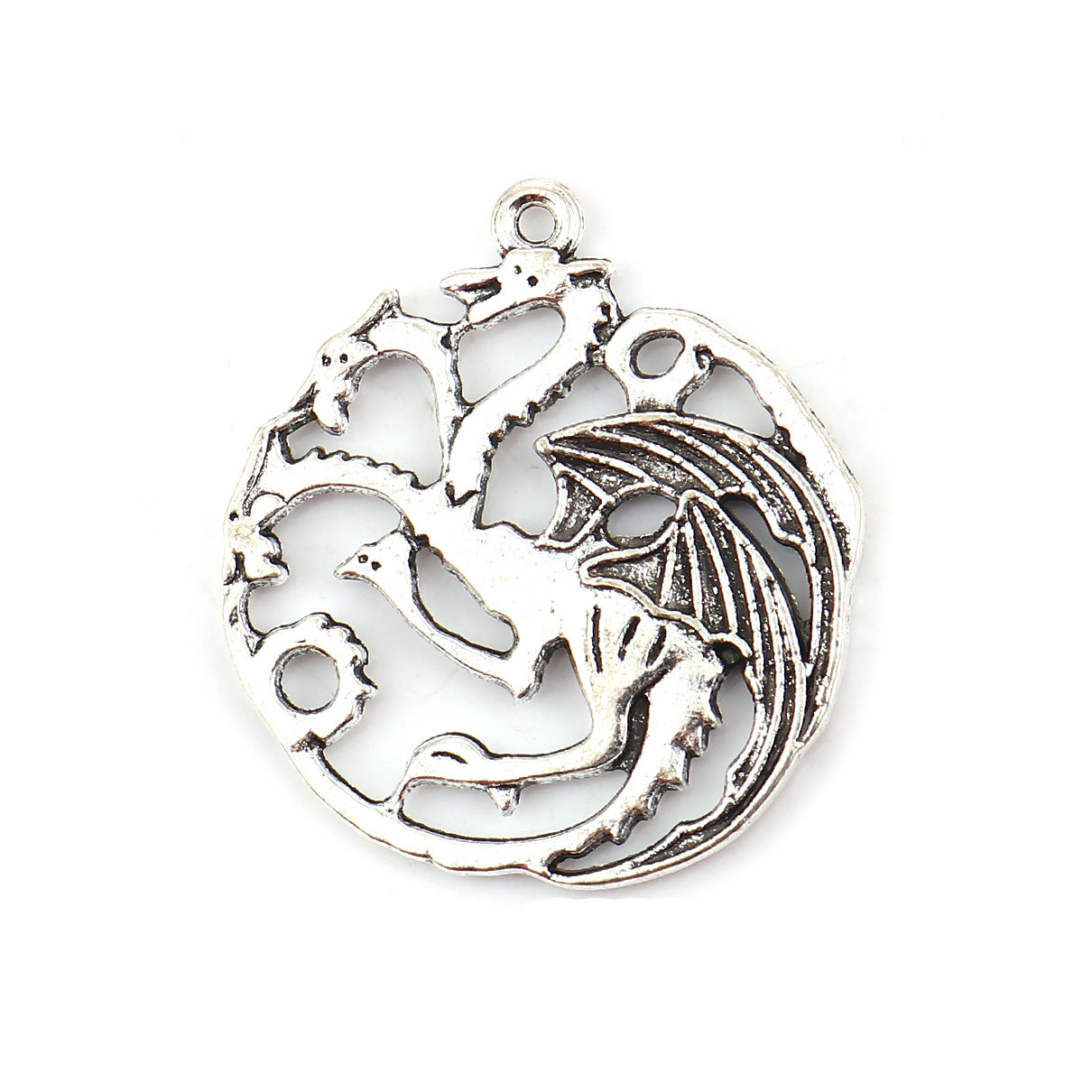 Picture of Zinc Based Alloy Pendants Three-headed Dragon Antique Silver Color 35mm(1 3/8") x 32mm(1 2/8"), 10 PCs