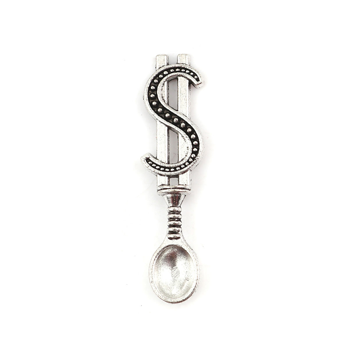 Picture of Zinc Based Alloy 3D Pendants Spoon Antique Silver Color Dollar Sign 37mm(1 4/8") x 9mm( 3/8"), 30 PCs