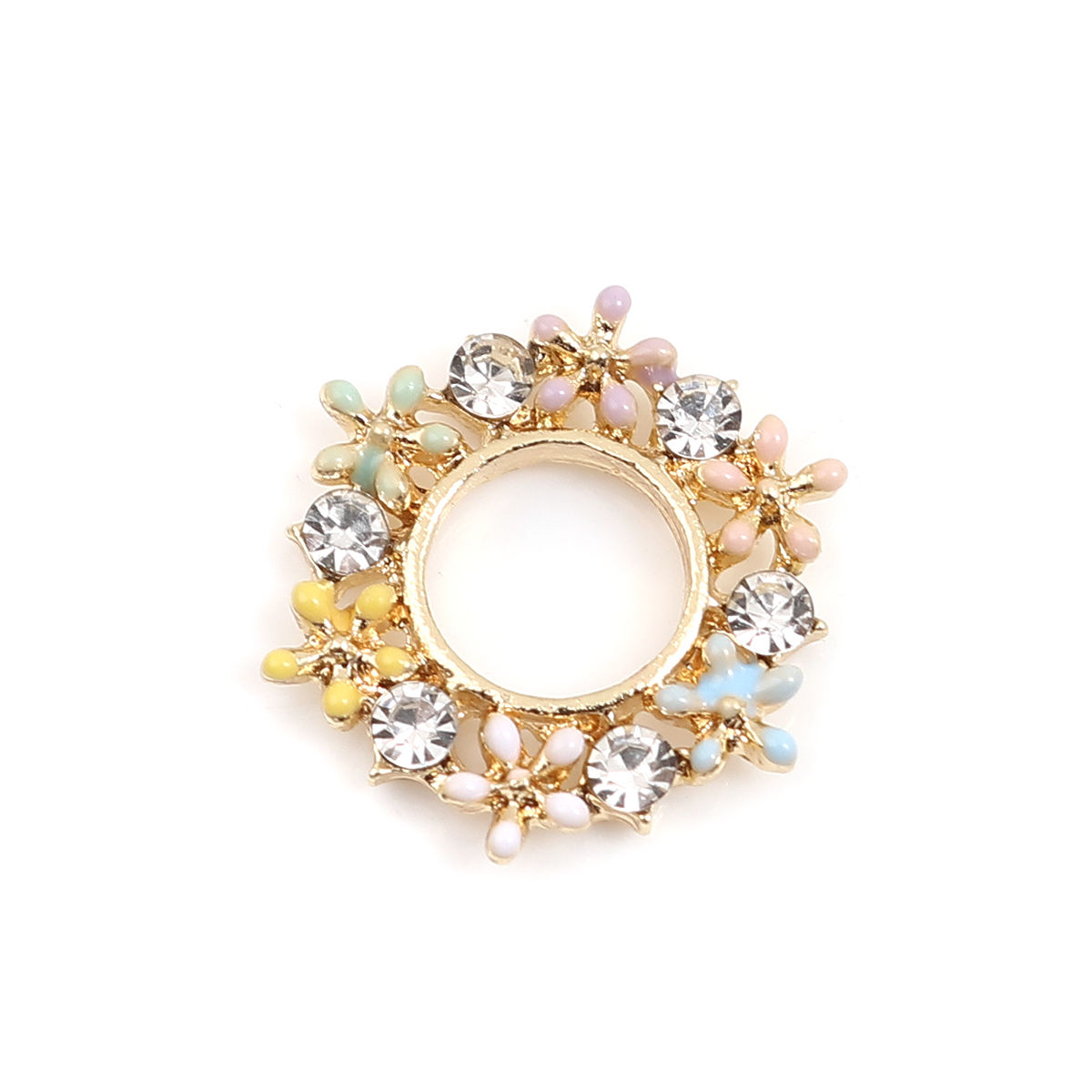 Bild von Zinklegierung Verbinder Hexagon Vergoldet mit Blumen Muster Emaille, Transparent Strass 17mm x 15mm, 5 Stück