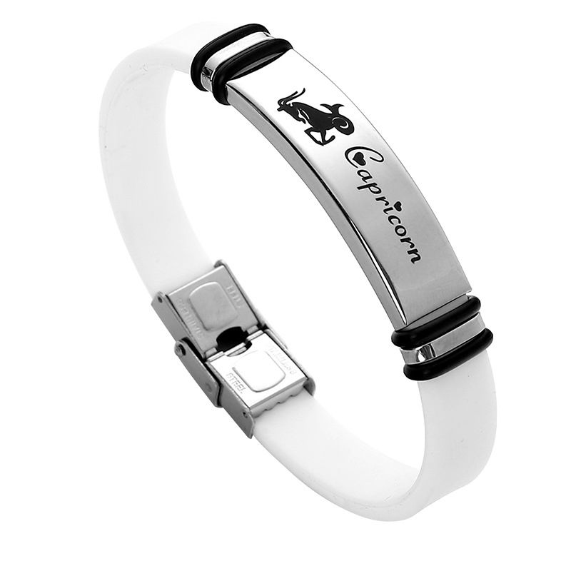 Picture of Stainless Steel Bangles Bracelets Silver Tone White Capricornus Sign Of Zodiac Constellations 21.5cm(8 4/8") long, 1 Piece