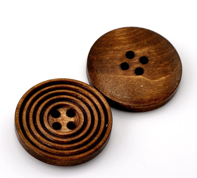 Bild von Natürliches Holz Knöpfe zum aufnähen Rund Kaffeebraun 4 Löcher mit Gewinde Muster 25mm D 50 Stück