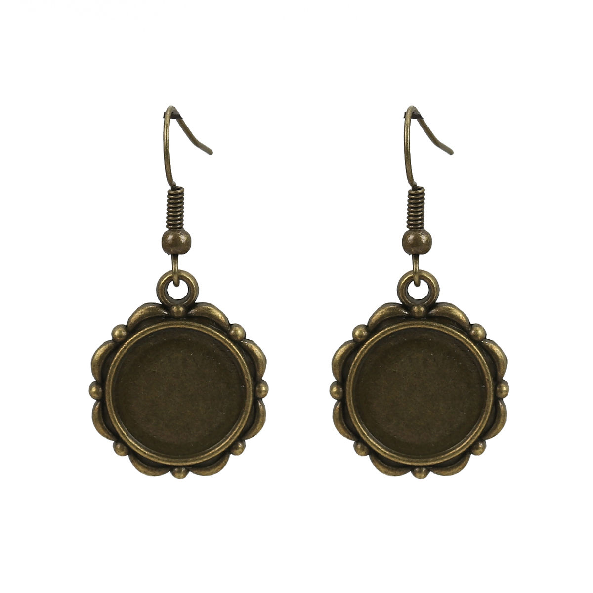 Picture of Zinc Based Alloy Cabochon Settings Earrings Findings Round Disc Antique Bronze (Fit 14mm Dia.) 40mm(1 5/8") x 20mm( 6/8"), Post/ Wire Size: (21 gauge), 10 PCs