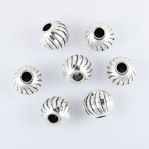 Picture of Zinc Based Alloy Spacer Beads Round Antique Silver Color Stripe About 10mm Dia., Hole: Approx 3mm, 30 PCs