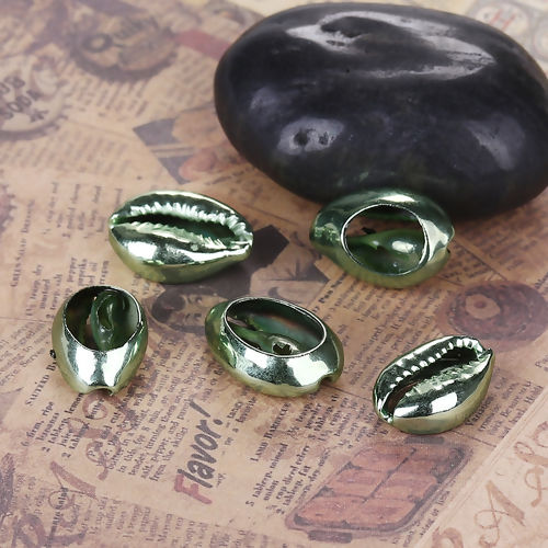 Picture of Natural Shell Charms Cowrie Monetaria Caputserpentis Green Color Plated 23mm x15mm( 7/8" x 5/8") - 18mm x11mm( 6/8" x 3/8"), 5 PCs