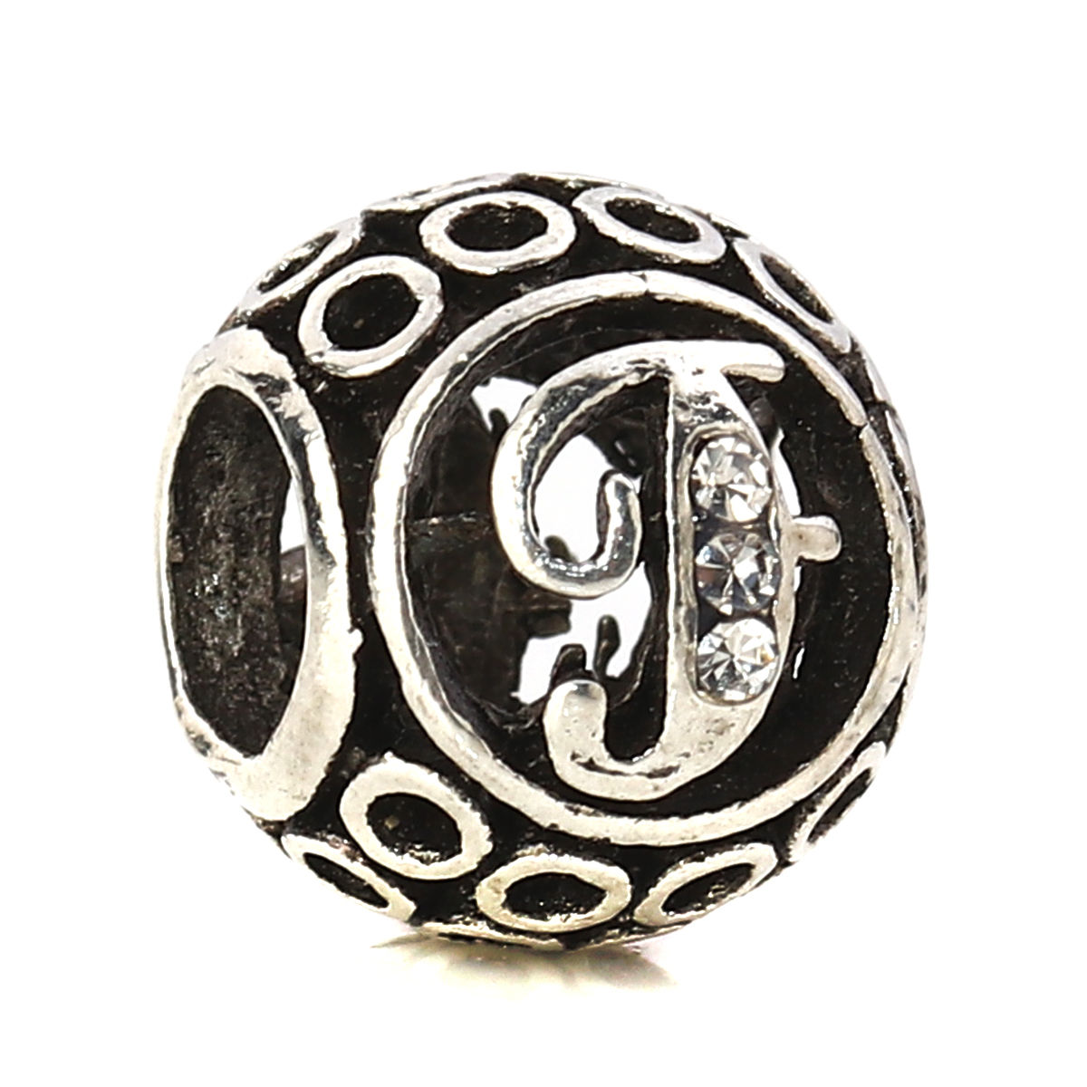 Picture of Zinc Based Alloy European Style Large Hole Charm Beads Round Antique Silver Color Initial Alphabet/ Letter Message " F " Clear Rhinestone About 11mm Dia, Hole: Approx 5.1mm, 5 PCs
